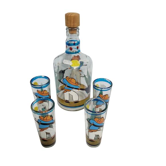 No Brand Other - Vintage Hand Painted Mexican Teguila Decanter Set With 4 Shot Glasses 31826-1Bx9